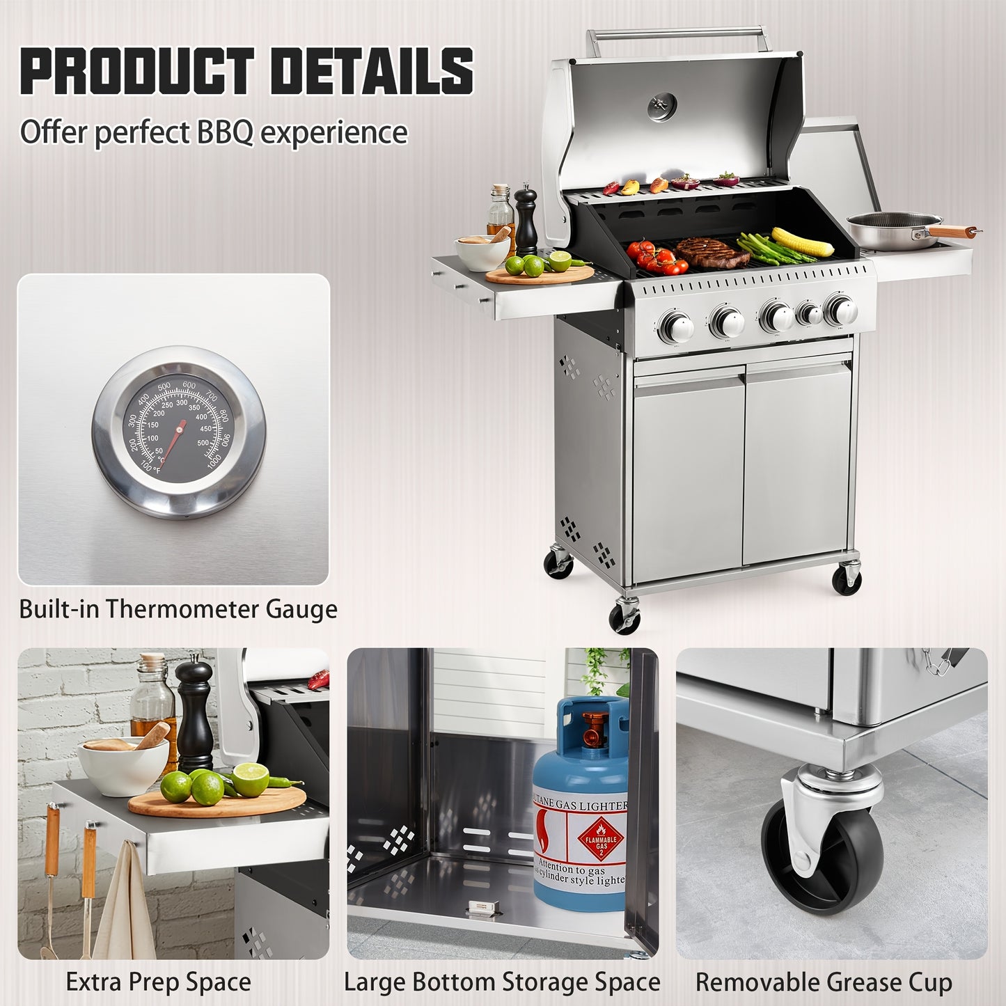 Stainless Steel Propane Gas Grill With Side Burner For Outdoors