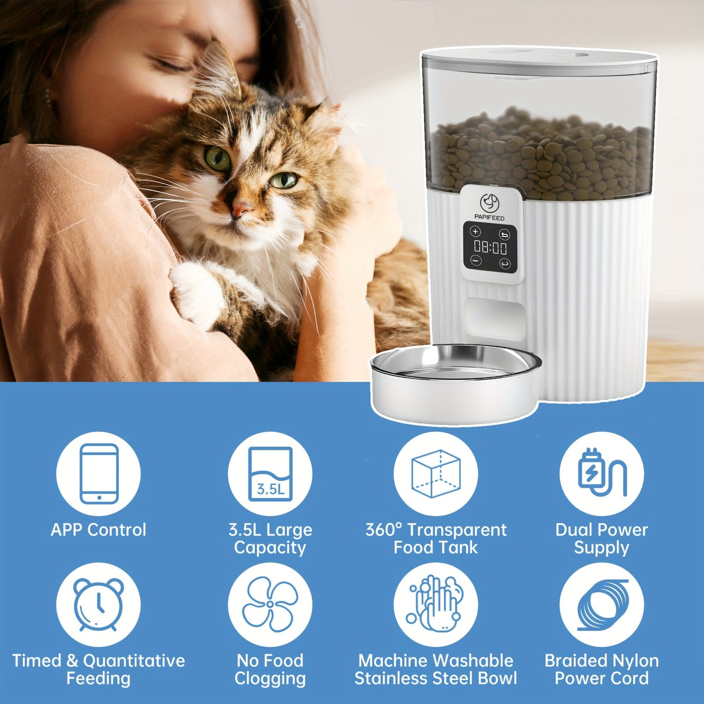 PAPIFEED Smart Automatic Pet Feeder with Wi-Fi Control
