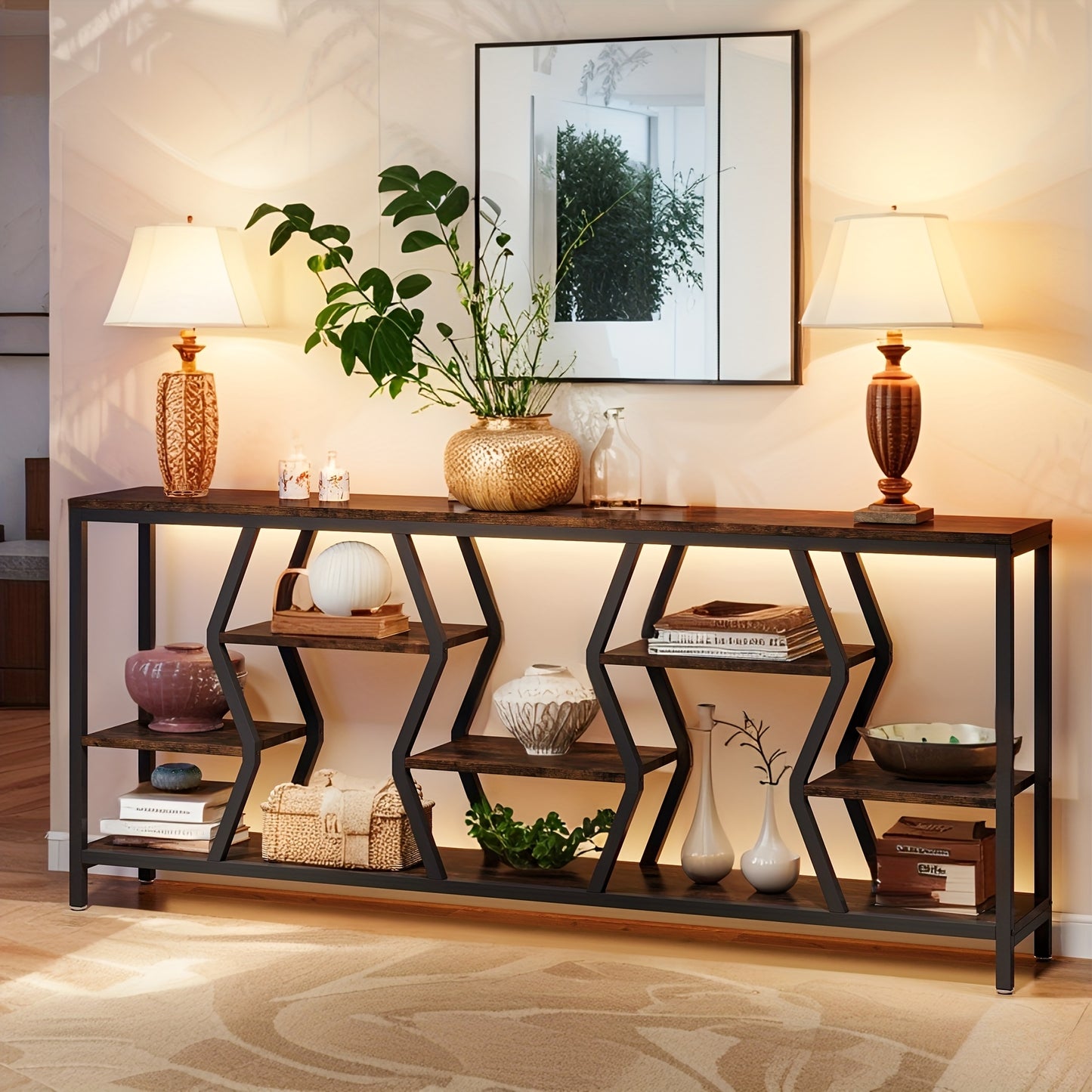 Modern Rustic Sofa Console Table with 4 Tier Wood Shelves