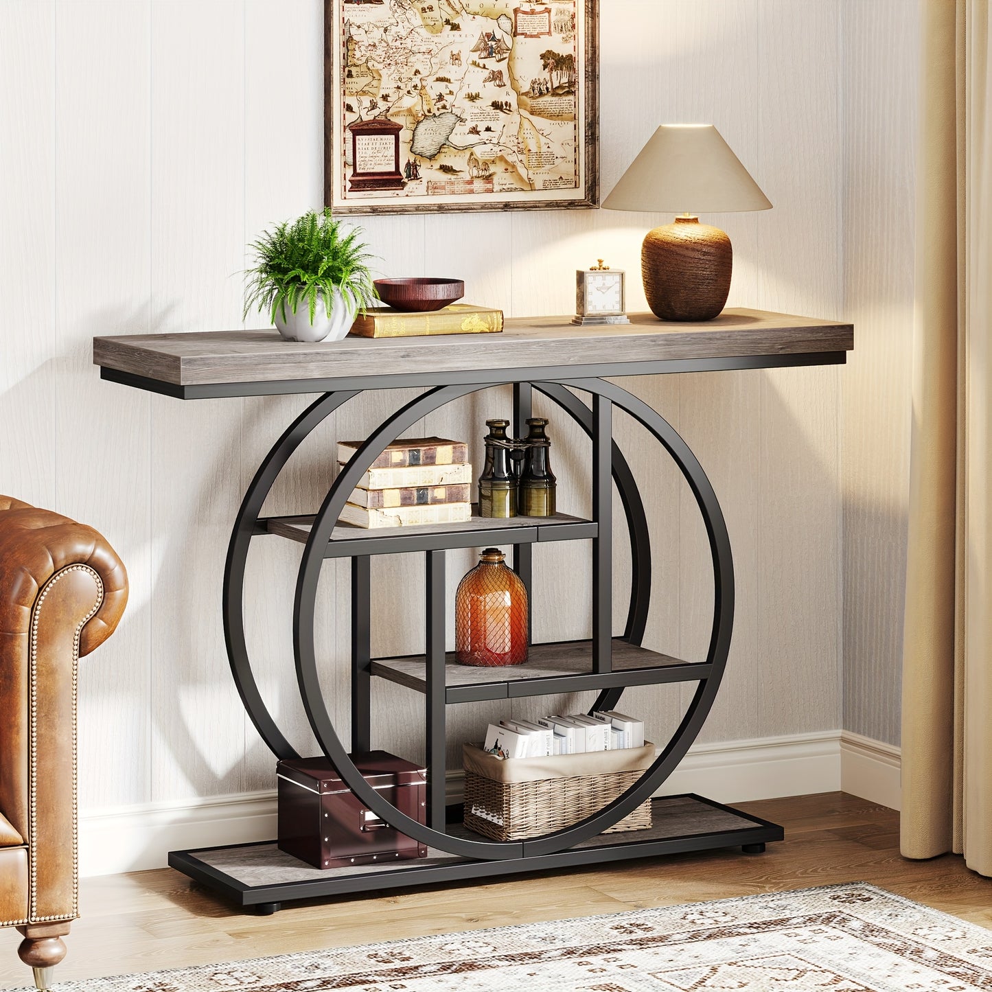 Rustic Industrial Console Table with 4-Tier Storage and Oak Finish