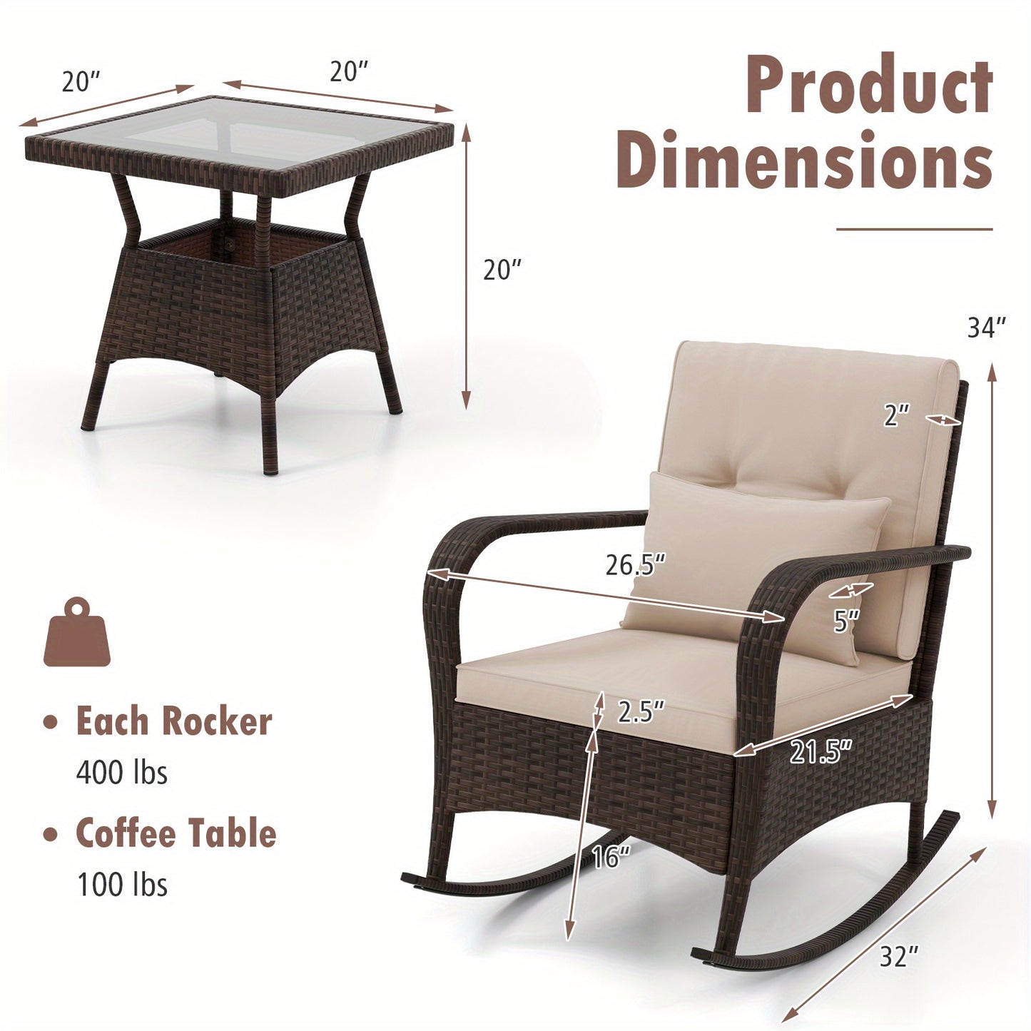 Lifezeal Outdoor Rocking Bistro Set with Cushions and Glass Table