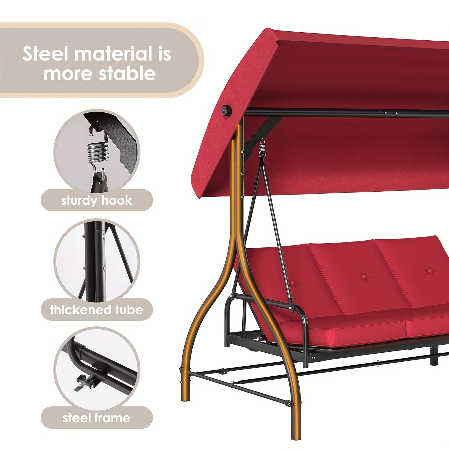 Three-Person Patio Swing Glider with Adjustable Canopy and Cushions