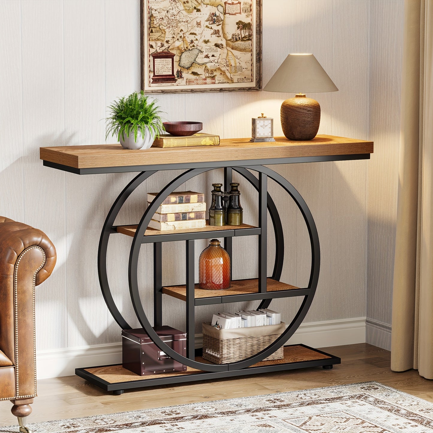 Rustic Industrial Console Table with 4-Tier Storage and Oak Finish