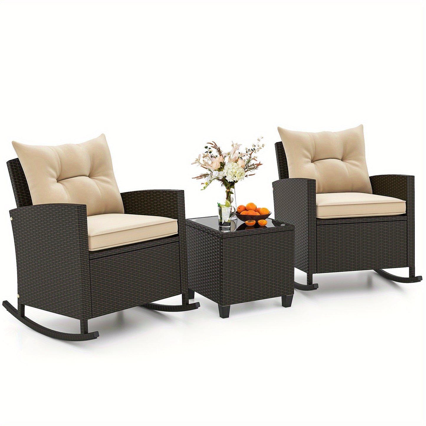 Homasis Outdoor Wicker Rocking Chair Set with Glass Table