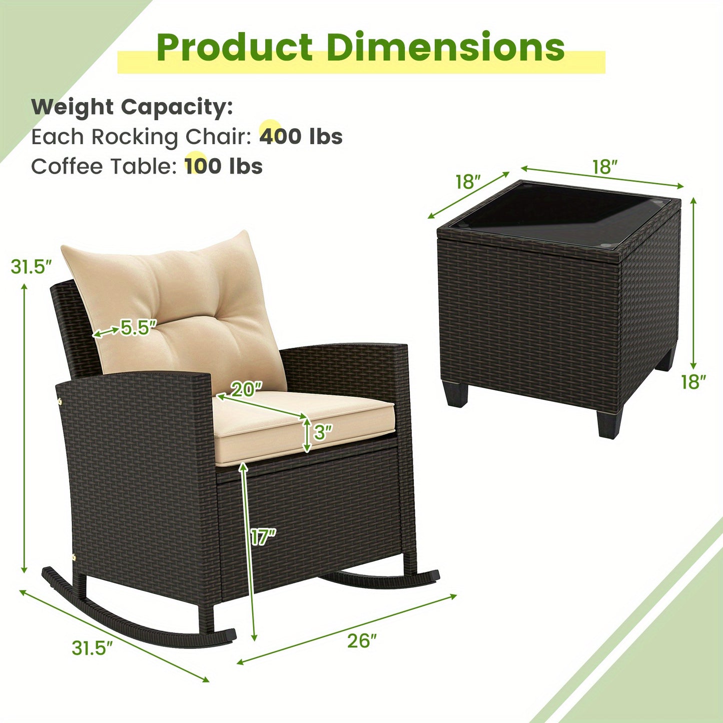 Homasis Outdoor Wicker Rocking Chair Set with Glass Table