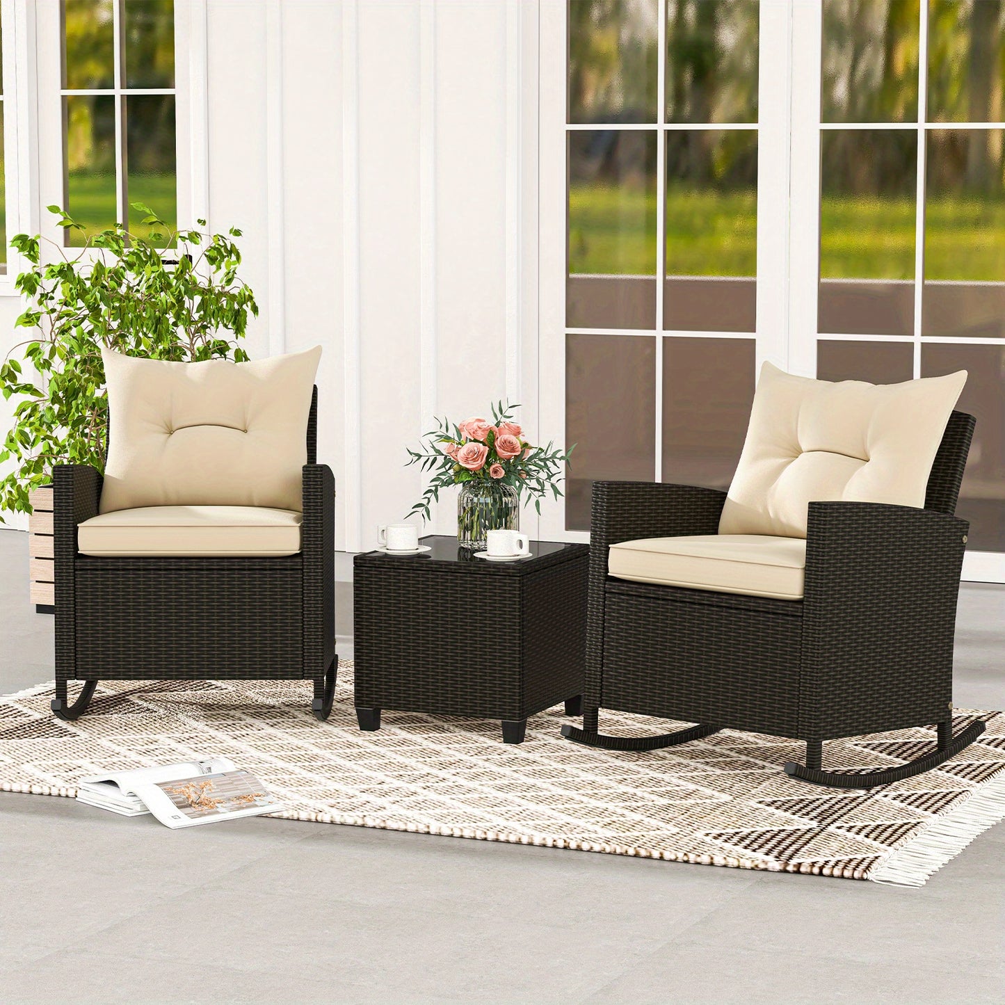 Homasis Outdoor Wicker Rocking Chair Set with Glass Table