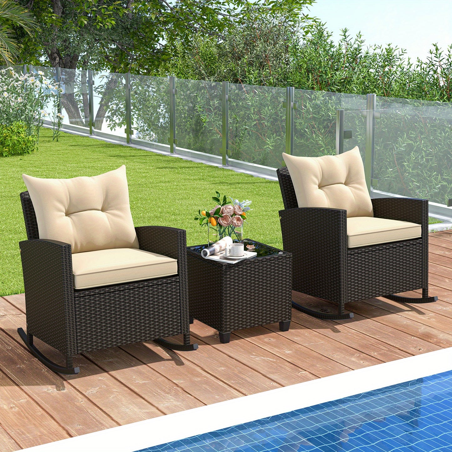 Homasis Outdoor Wicker Rocking Chair Set with Glass Table