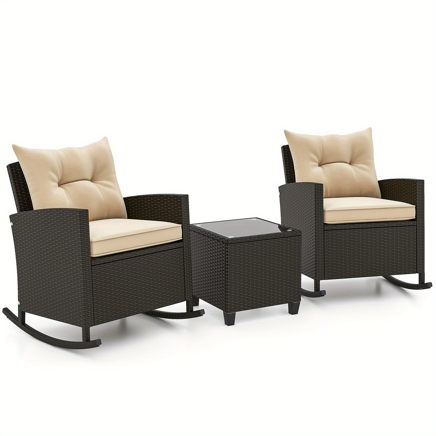 Homasis Outdoor Wicker Rocking Chair Set with Glass Table