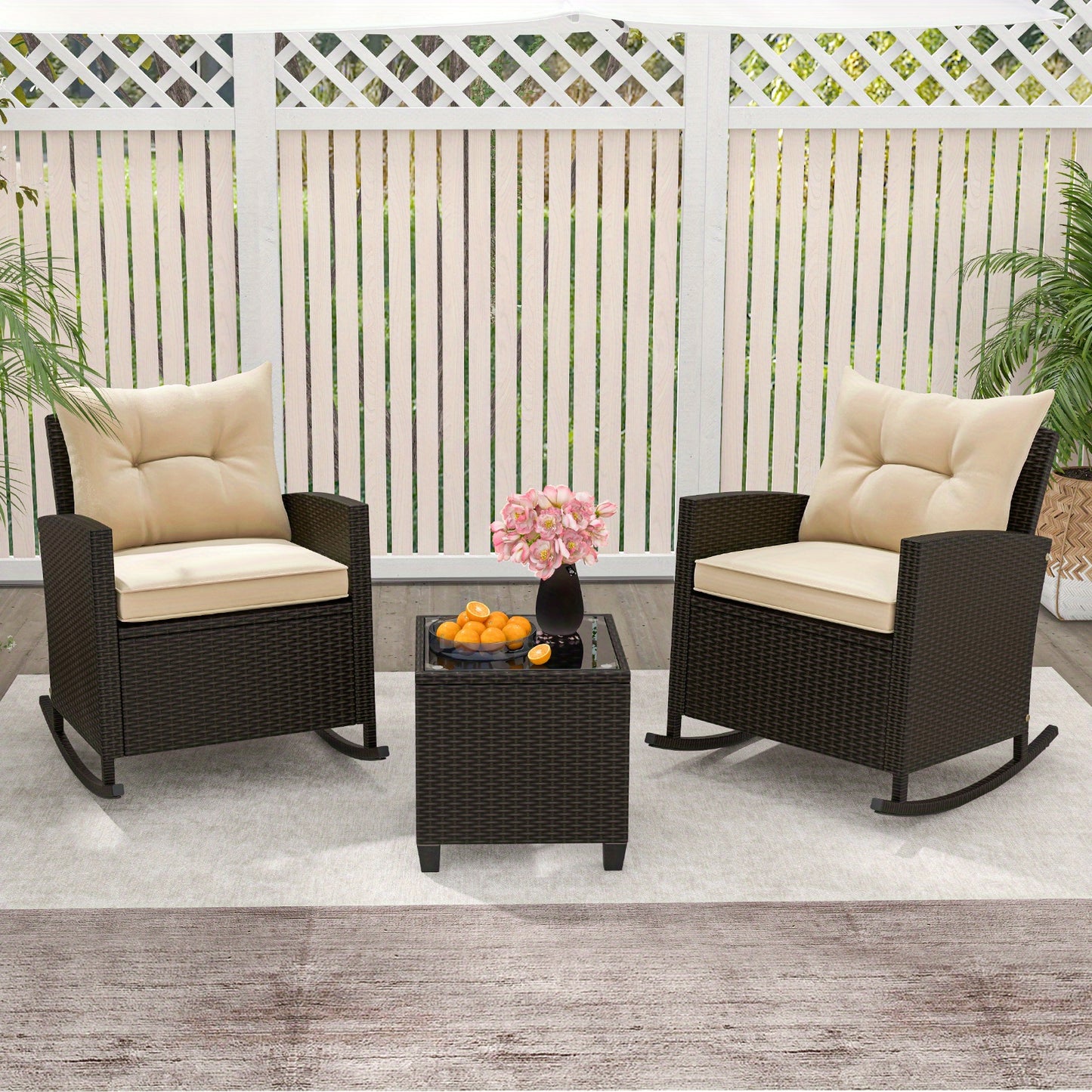 Homasis Outdoor Wicker Rocking Chair Set with Glass Table