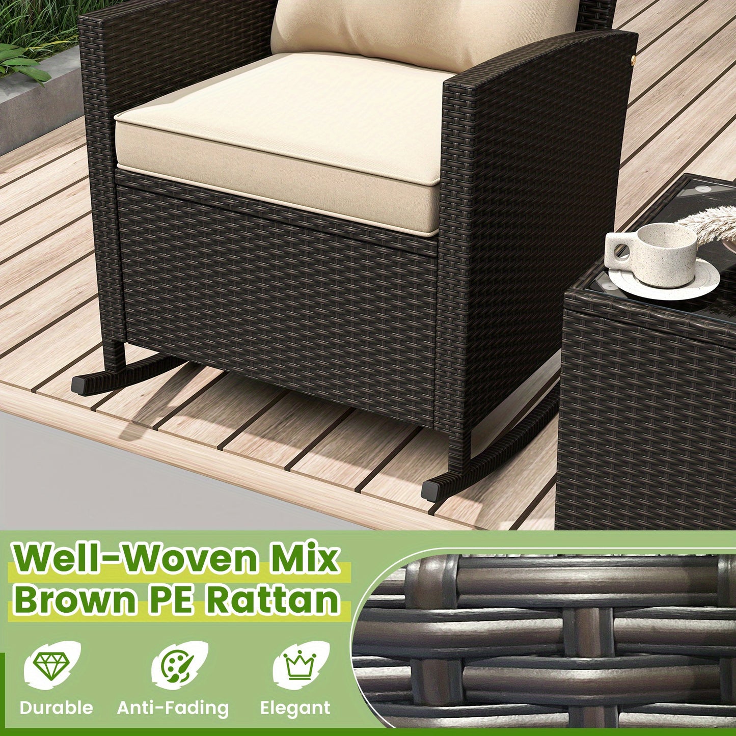 Homasis Outdoor Wicker Rocking Chair Set with Glass Table