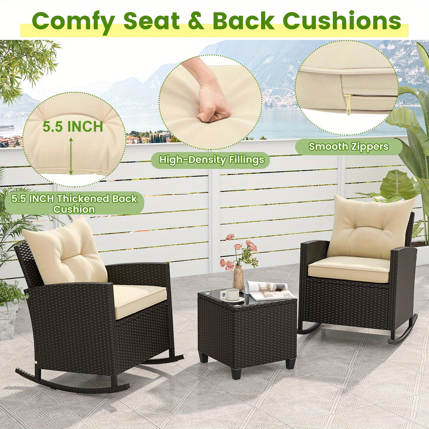 Homasis Outdoor Wicker Rocking Chair Set with Glass Table