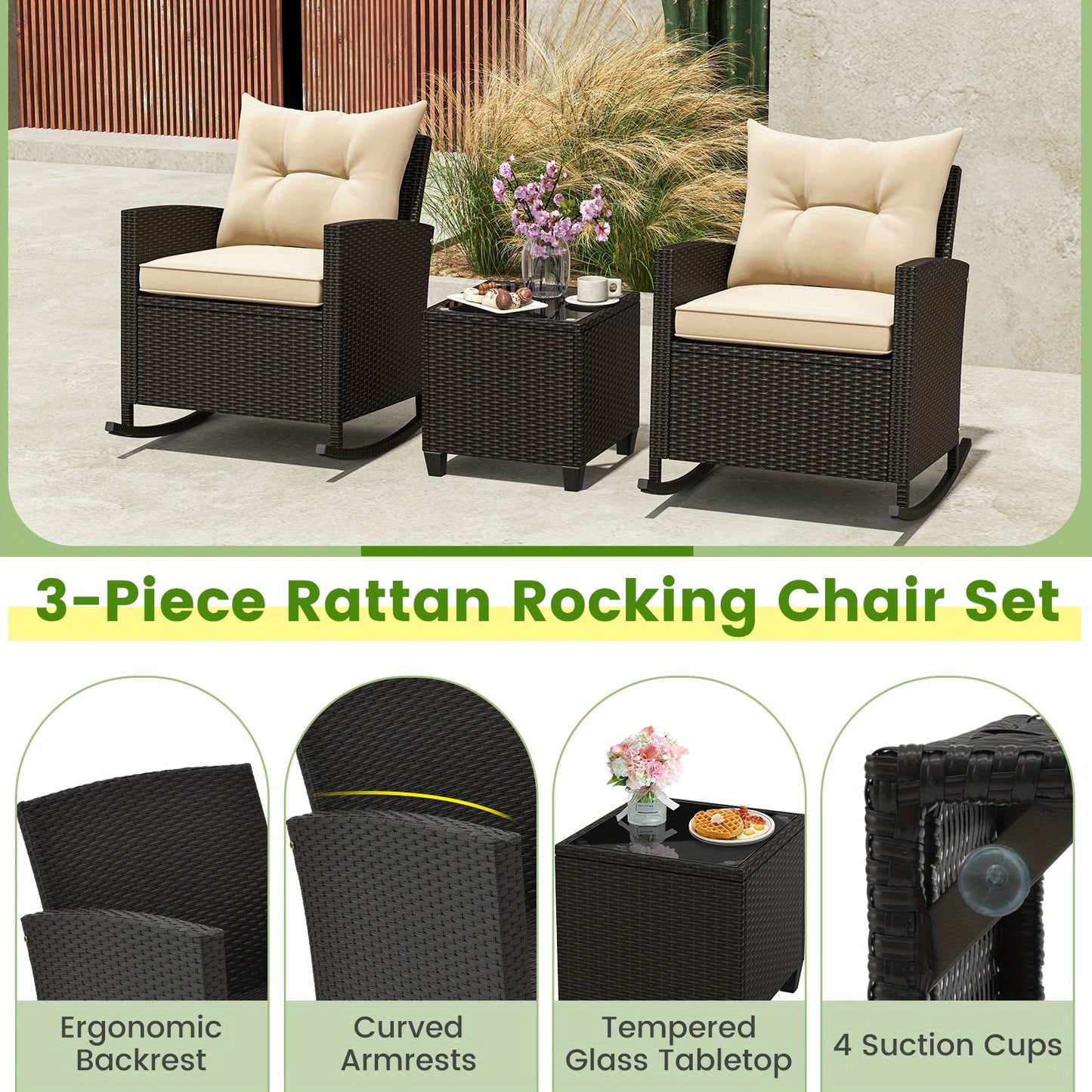 Homasis Outdoor Wicker Rocking Chair Set with Glass Table
