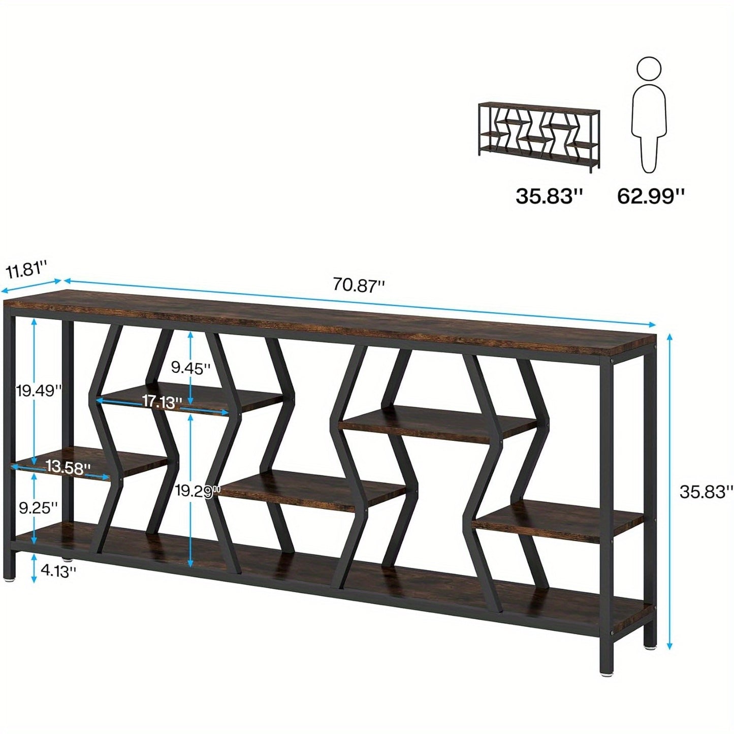 Modern Rustic Sofa Console Table with 4 Tier Wood Shelves
