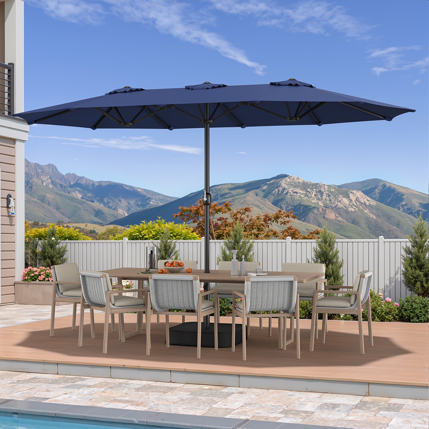 1pc 15ft Patio Umbrella With Base Included, Extra Large Shade Area, Double Sided Rectangle With Crank Handle For Poolside, Garden, Yard, Beige/Blue/Red