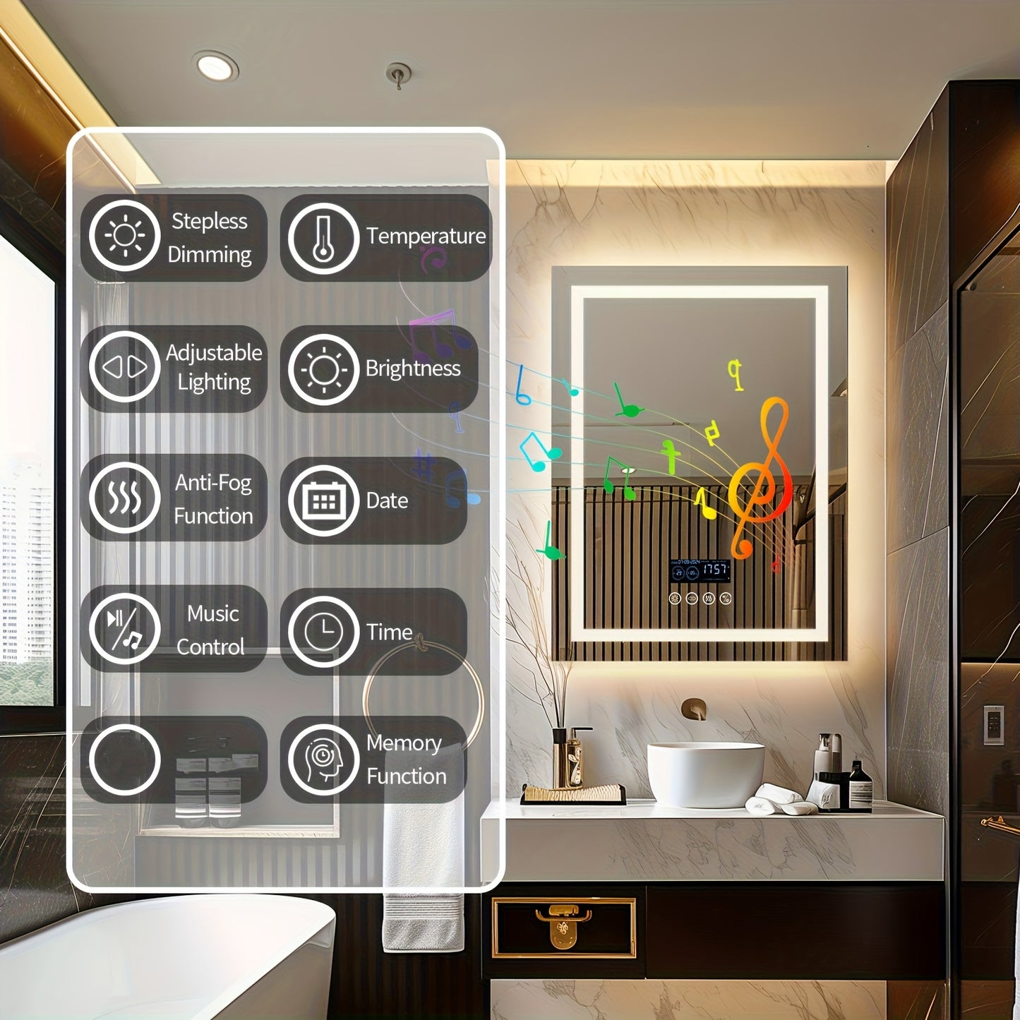 Smart LED Lighted Bathroom Mirror with Dimming and Music Features