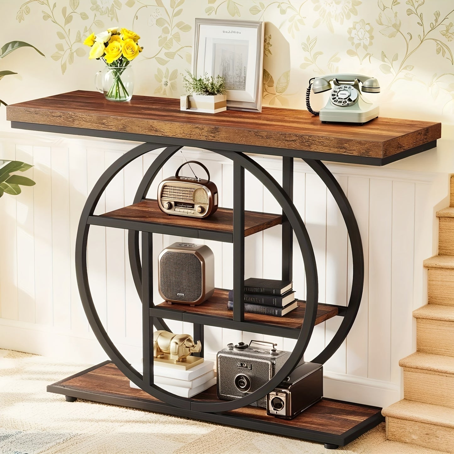 Rustic Industrial Console Table with 4-Tier Storage and Oak Finish