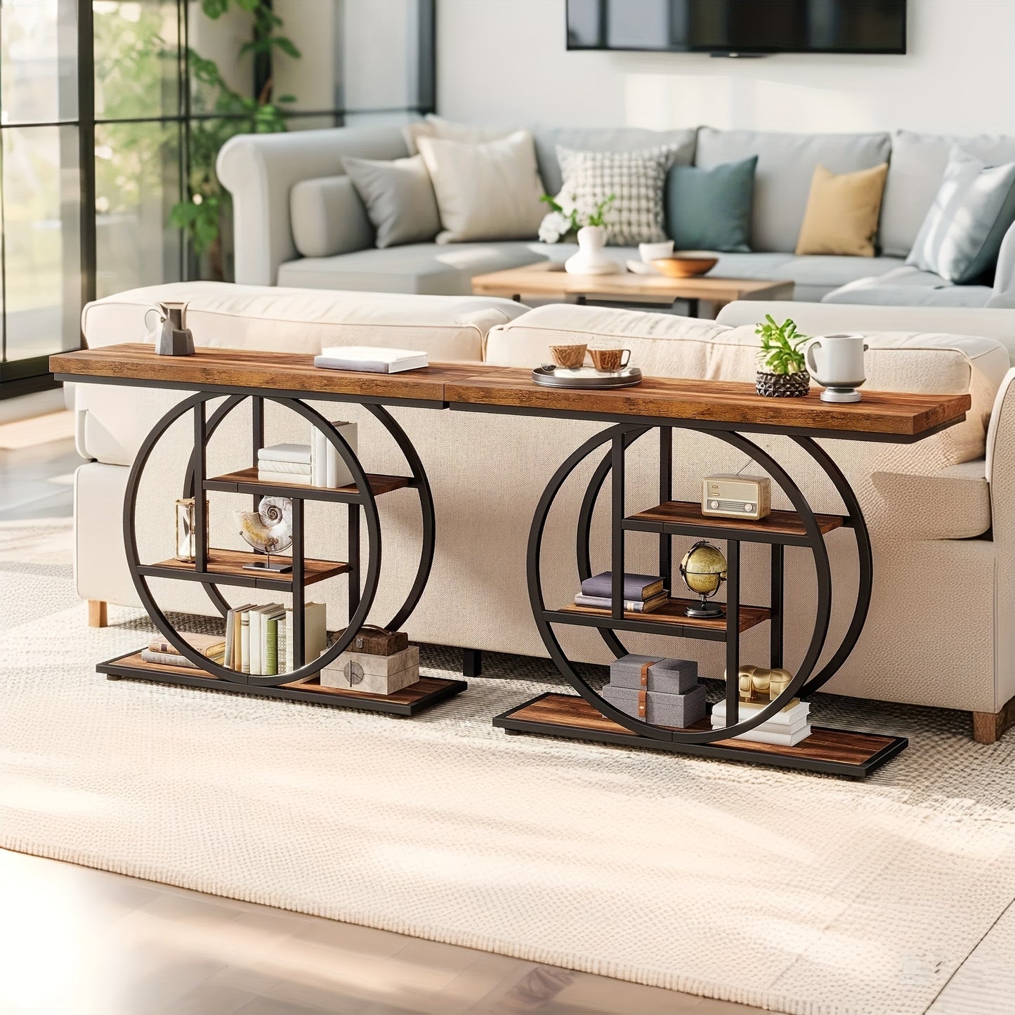Rustic Industrial Console Table with 4-Tier Storage and Oak Finish