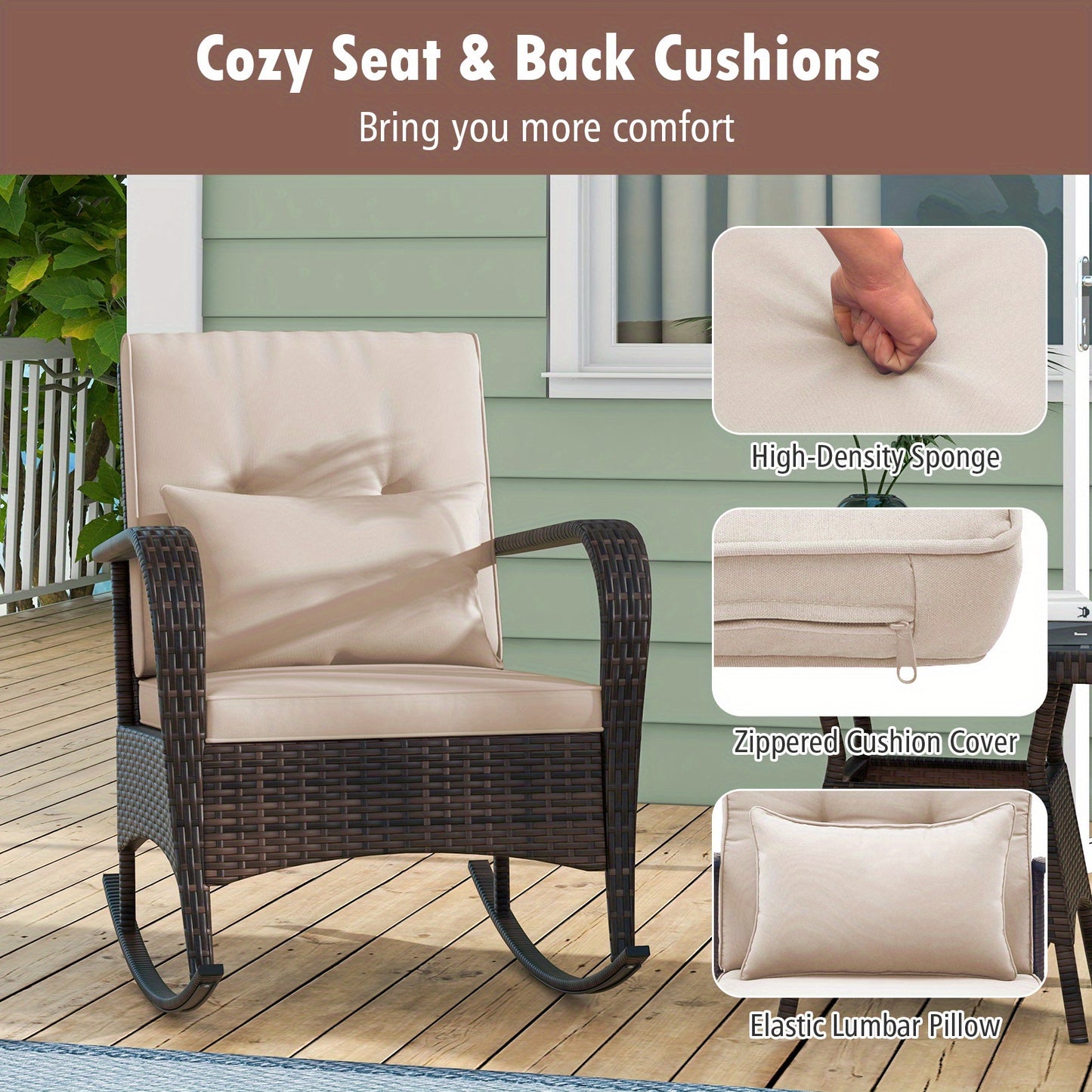 Lifezeal Outdoor Rocking Bistro Set with Cushions and Glass Table