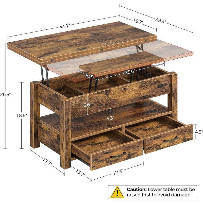 Convertible Lift Top Coffee Table with Hidden Storage and Drawers