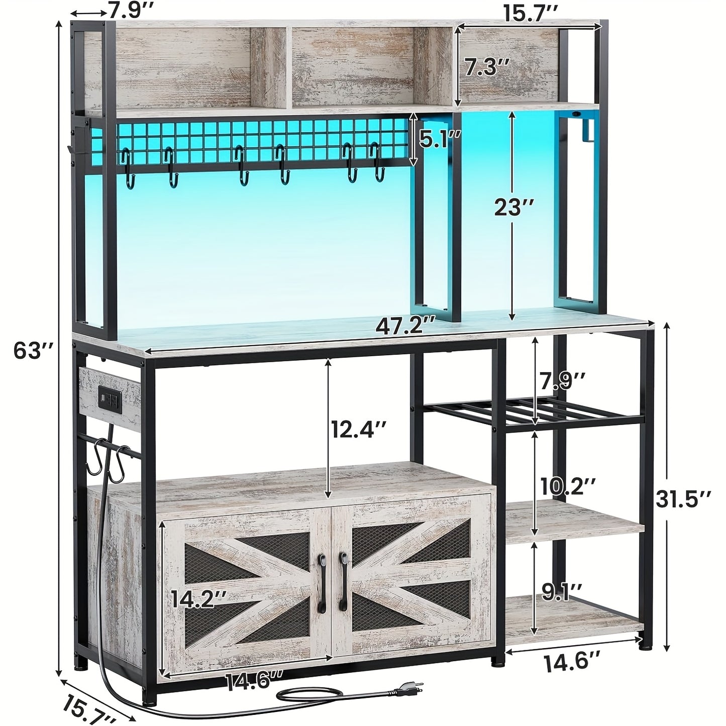 Farmhouse Kitchen Storage Rack with Wine Shelf and Hooks
