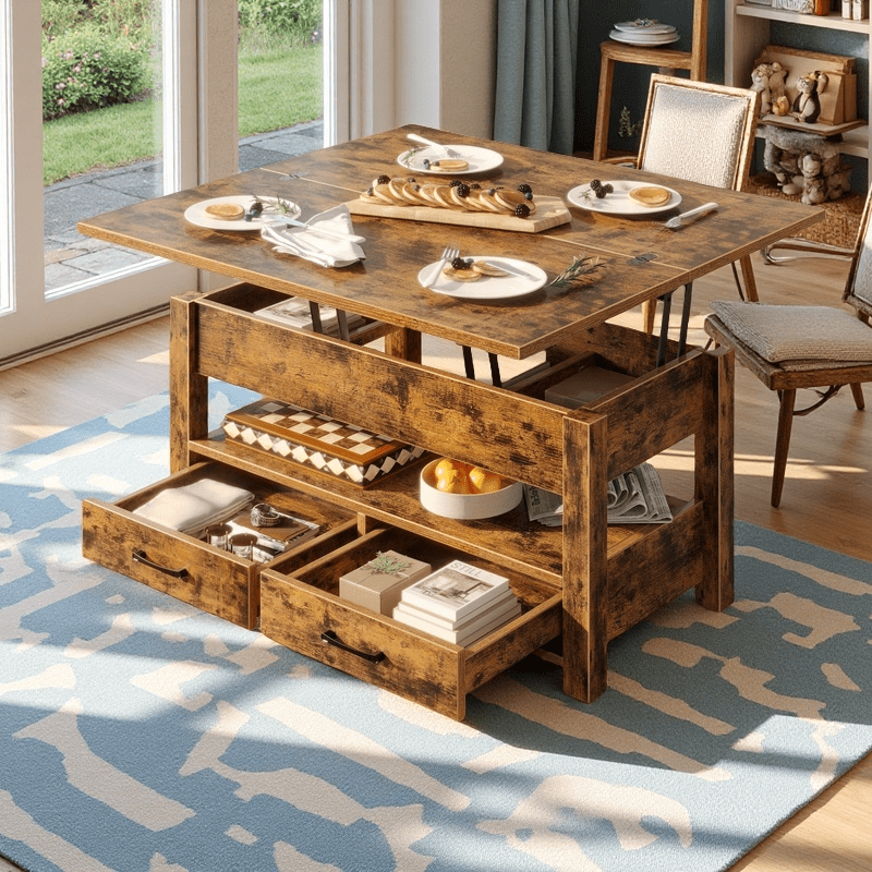 Convertible Lift Top Coffee Table with Hidden Storage and Drawers