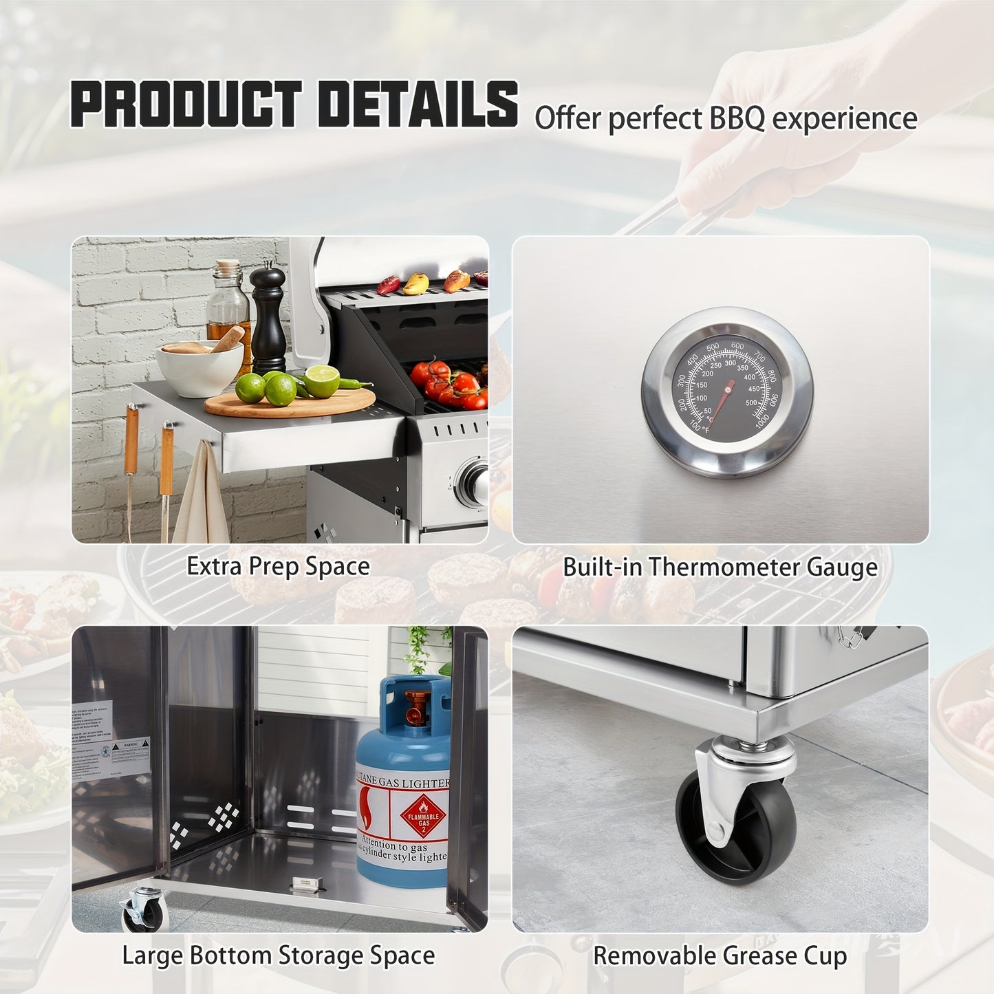 Stainless Steel Propane Gas Grill With Side Burner For Outdoors