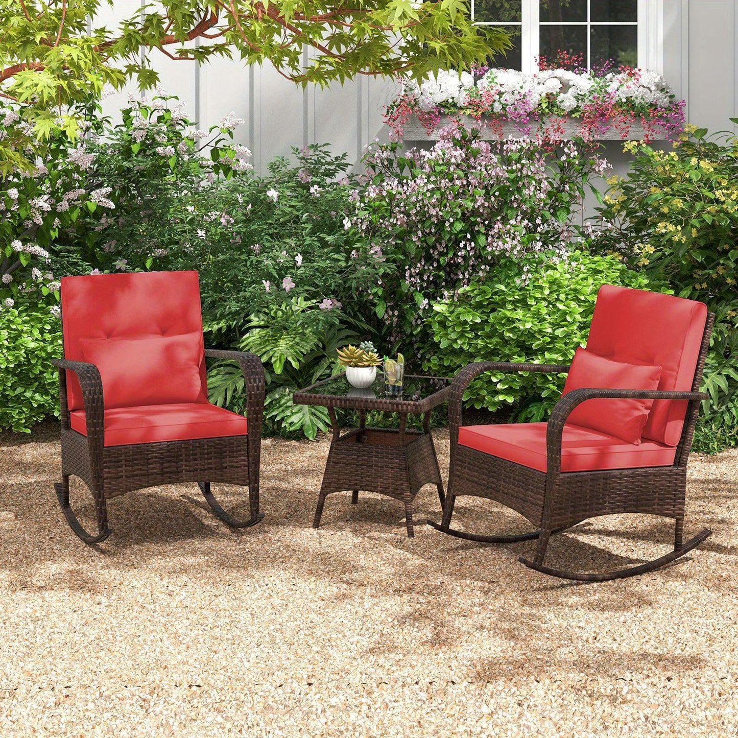 Lifezeal Outdoor Rocking Bistro Set with Cushions and Glass Table