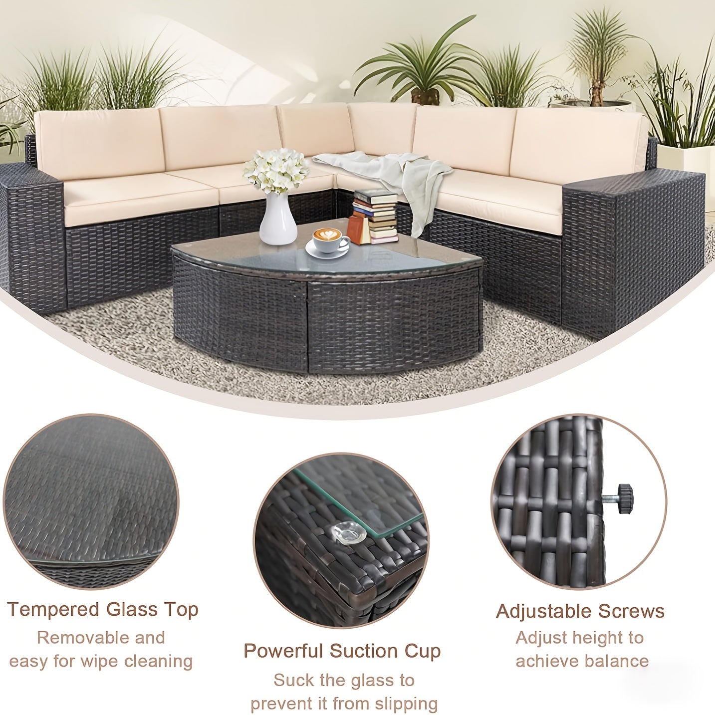 Outdoor Sectional Sofa Set with Cushions and Glass Table