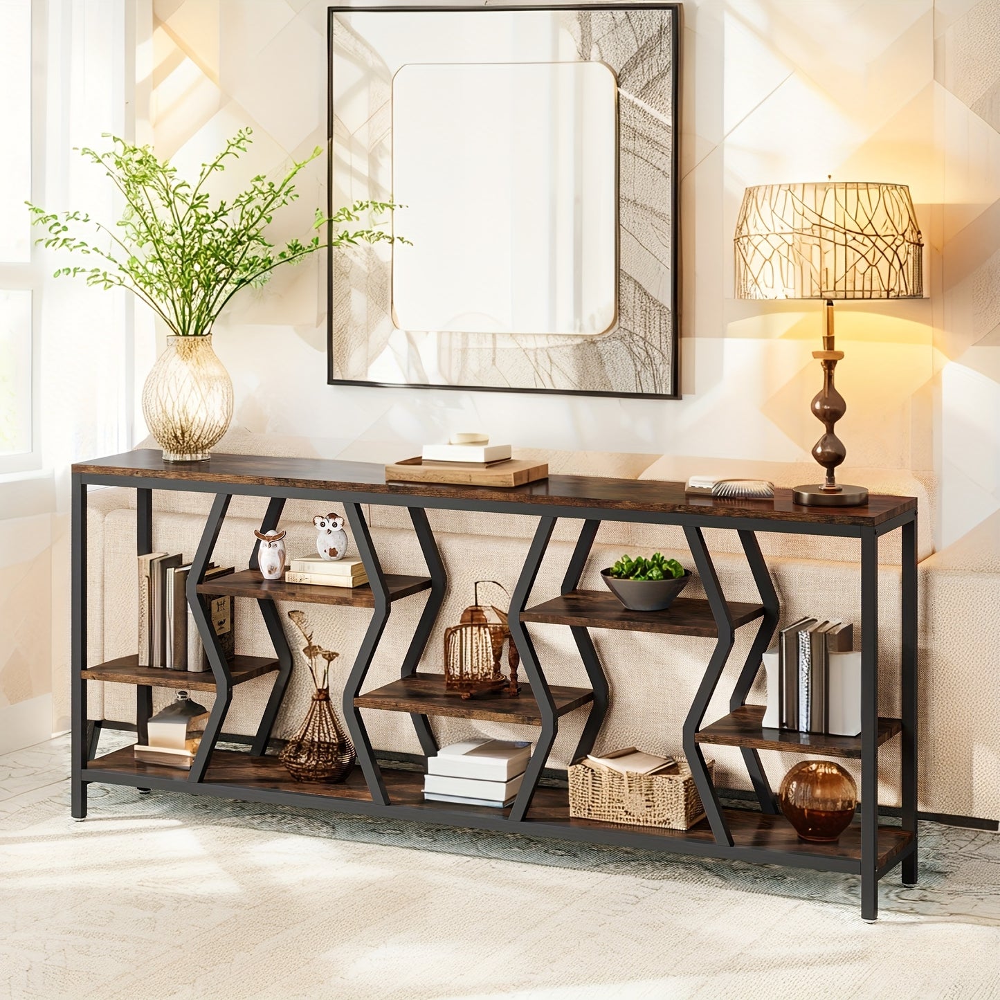 Modern Rustic Sofa Console Table with 4 Tier Wood Shelves