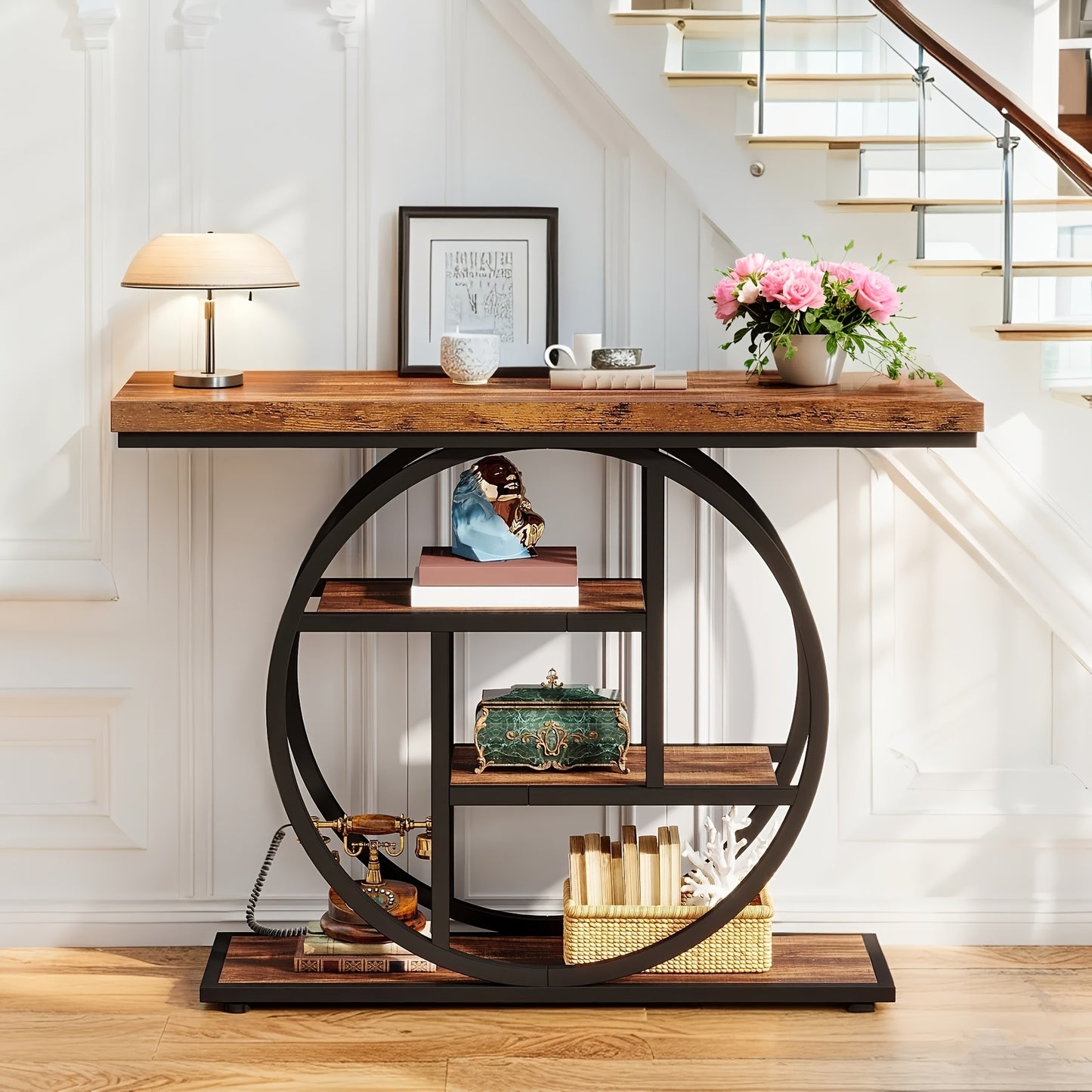 Rustic Industrial Console Table with 4-Tier Storage and Oak Finish