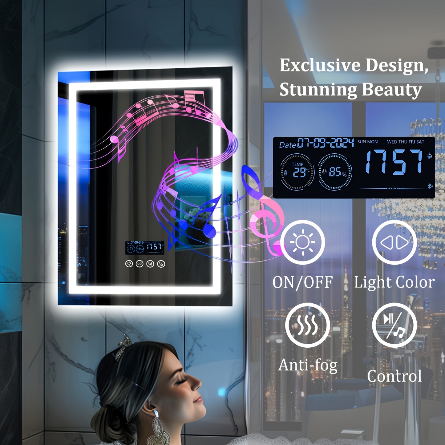 Smart LED Lighted Bathroom Mirror with Dimming and Music Features