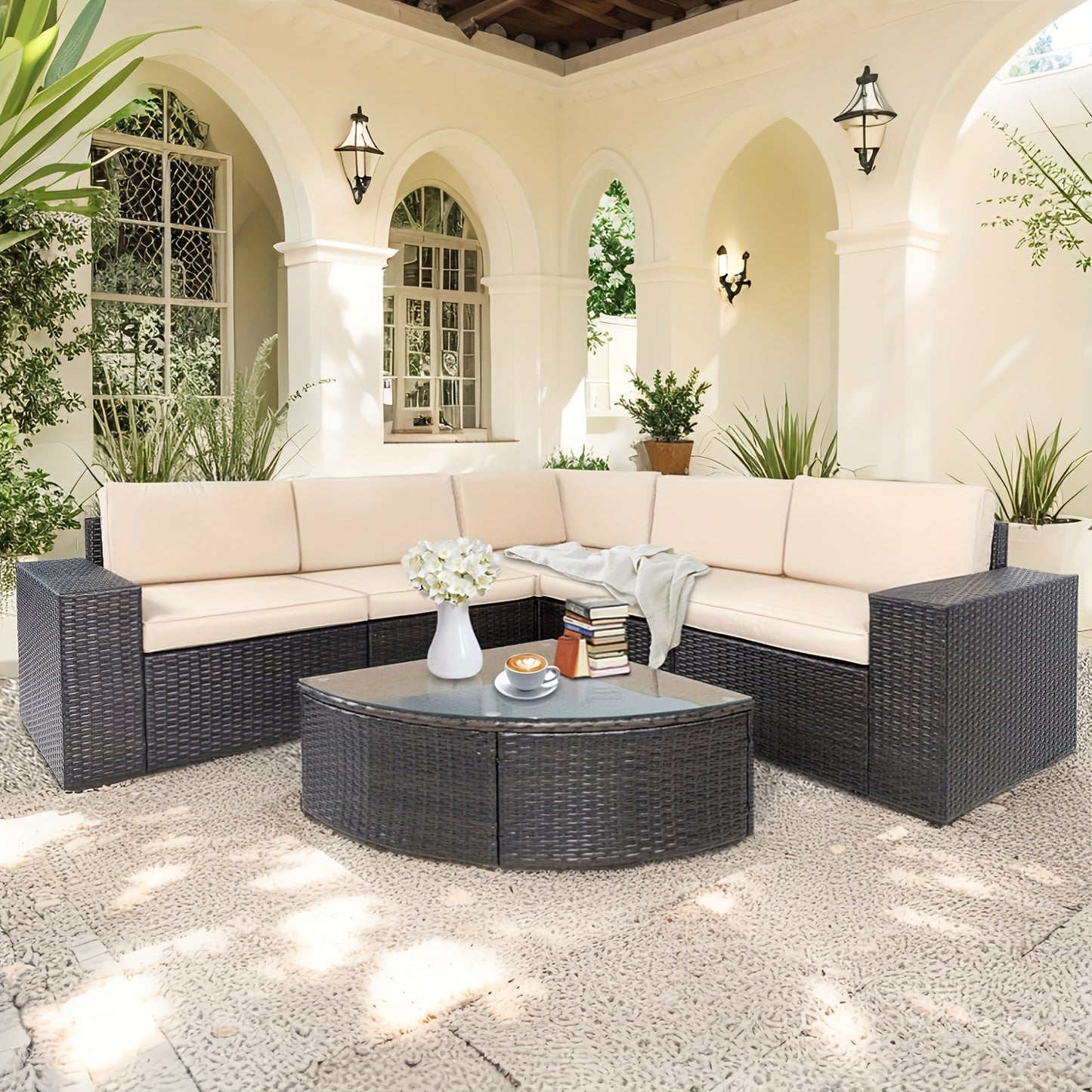 Outdoor Sectional Sofa Set with Cushions and Glass Table