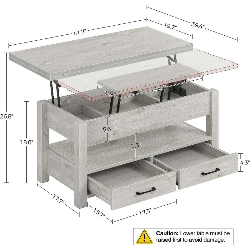 Convertible Lift Top Coffee Table with Hidden Storage and Drawers