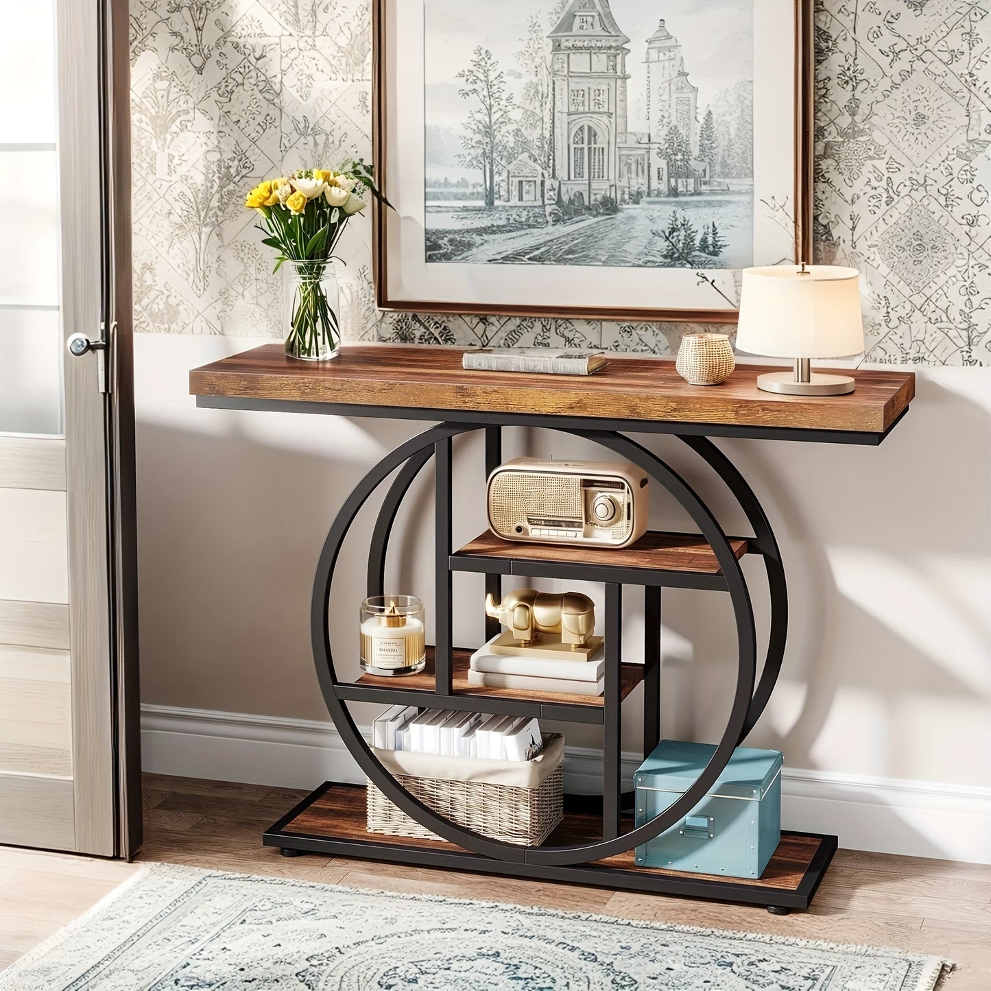 Rustic Industrial Console Table with 4-Tier Storage and Oak Finish