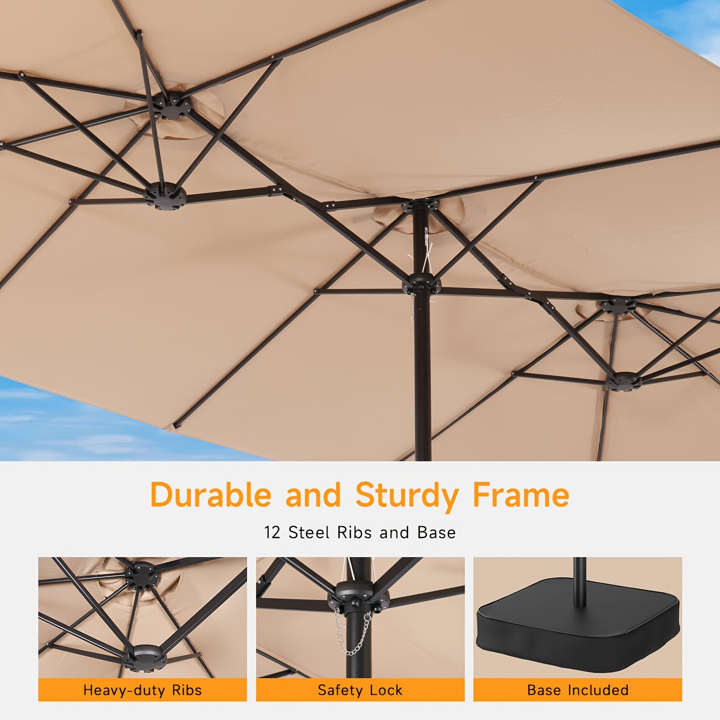 1pc 15ft Patio Umbrella With Base Included, Extra Large Shade Area, Double Sided Rectangle With Crank Handle For Poolside, Garden, Yard, Beige/Blue/Red