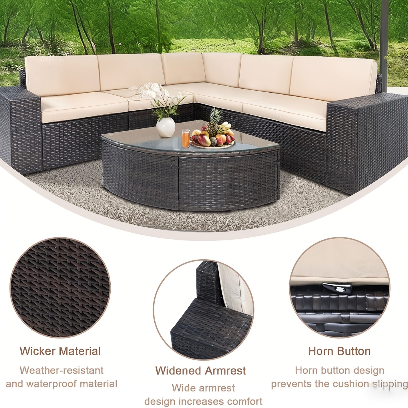Outdoor Sectional Sofa Set with Cushions and Glass Table