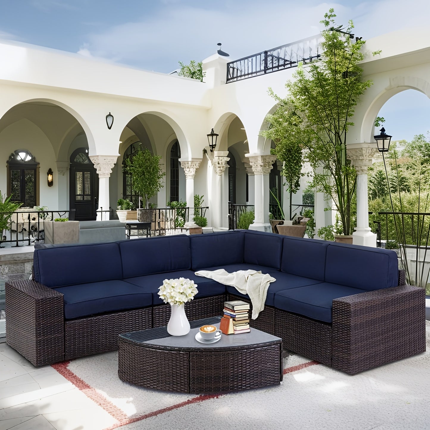 Outdoor Sectional Sofa Set with Cushions and Glass Table