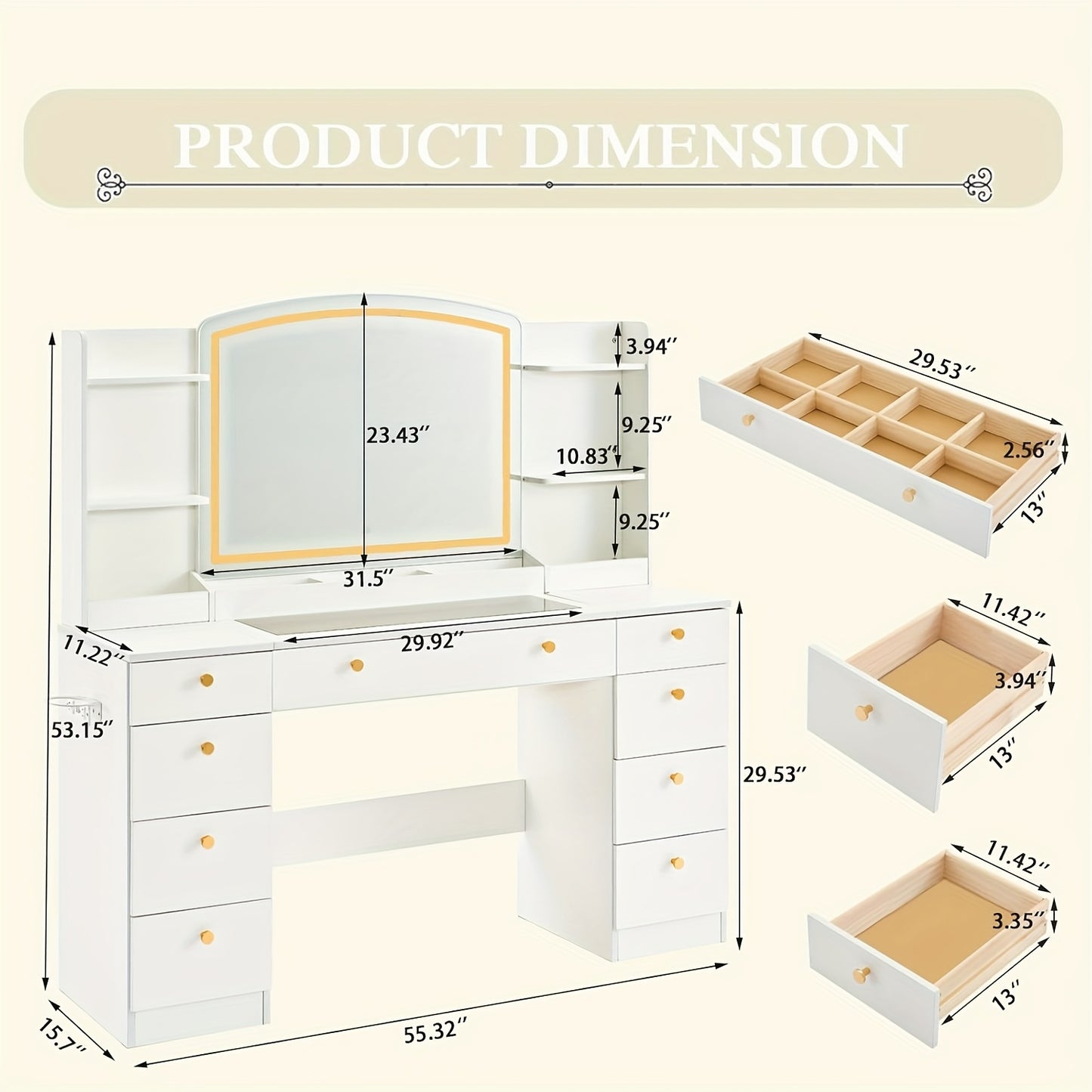 Modern Makeup Vanity Desk With LED Mirror And Charging Station