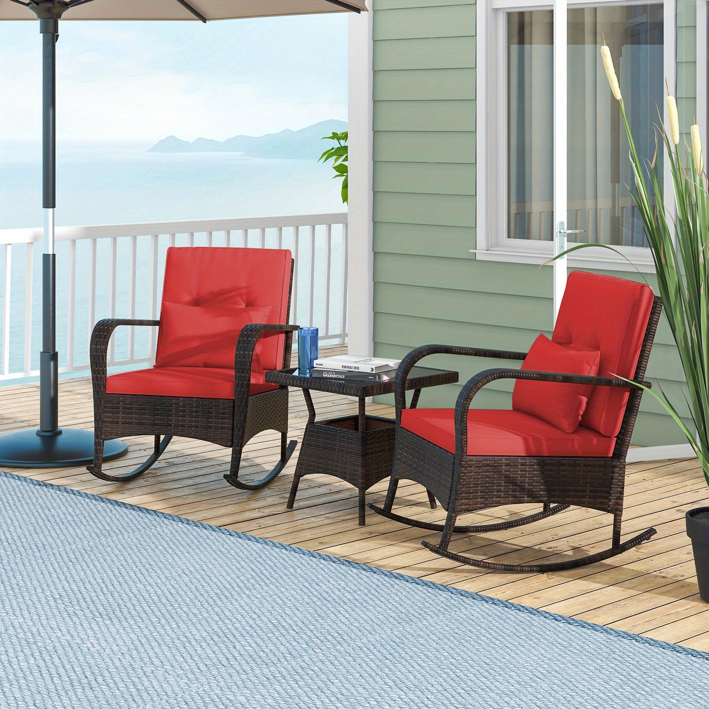 Lifezeal Outdoor Rocking Bistro Set with Cushions and Glass Table