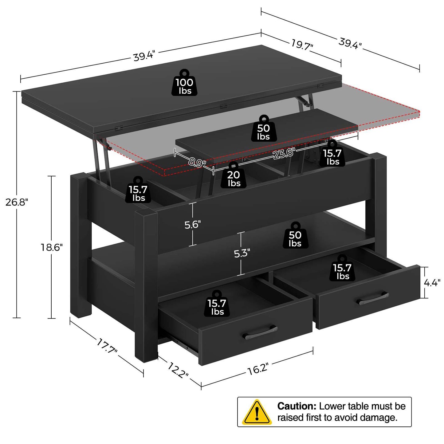 Convertible Lift Top Coffee Table with Hidden Storage and Drawers