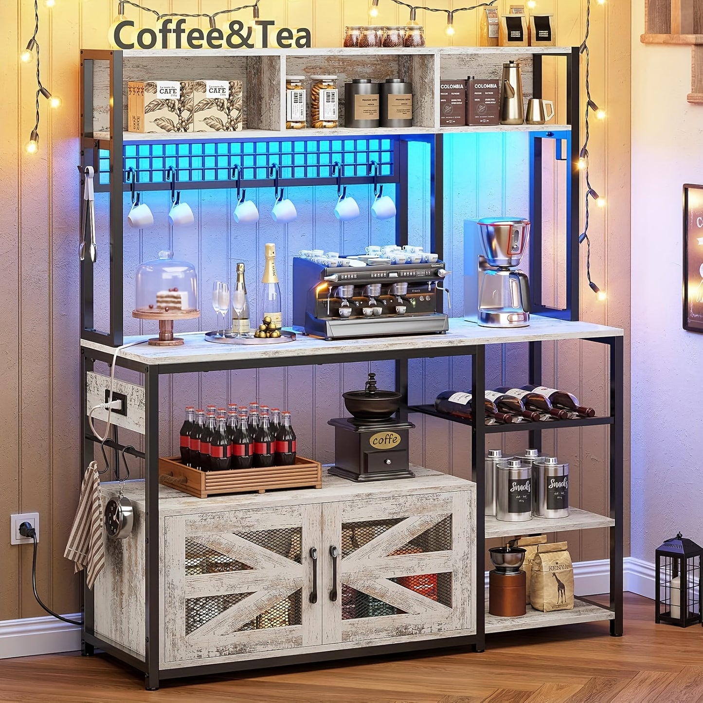 Farmhouse Kitchen Storage Rack with Wine Shelf and Hooks