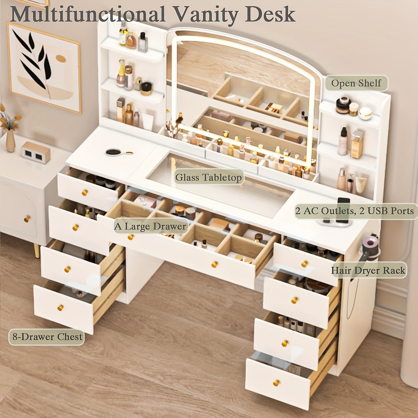 Modern Makeup Vanity Desk With LED Mirror And Charging Station