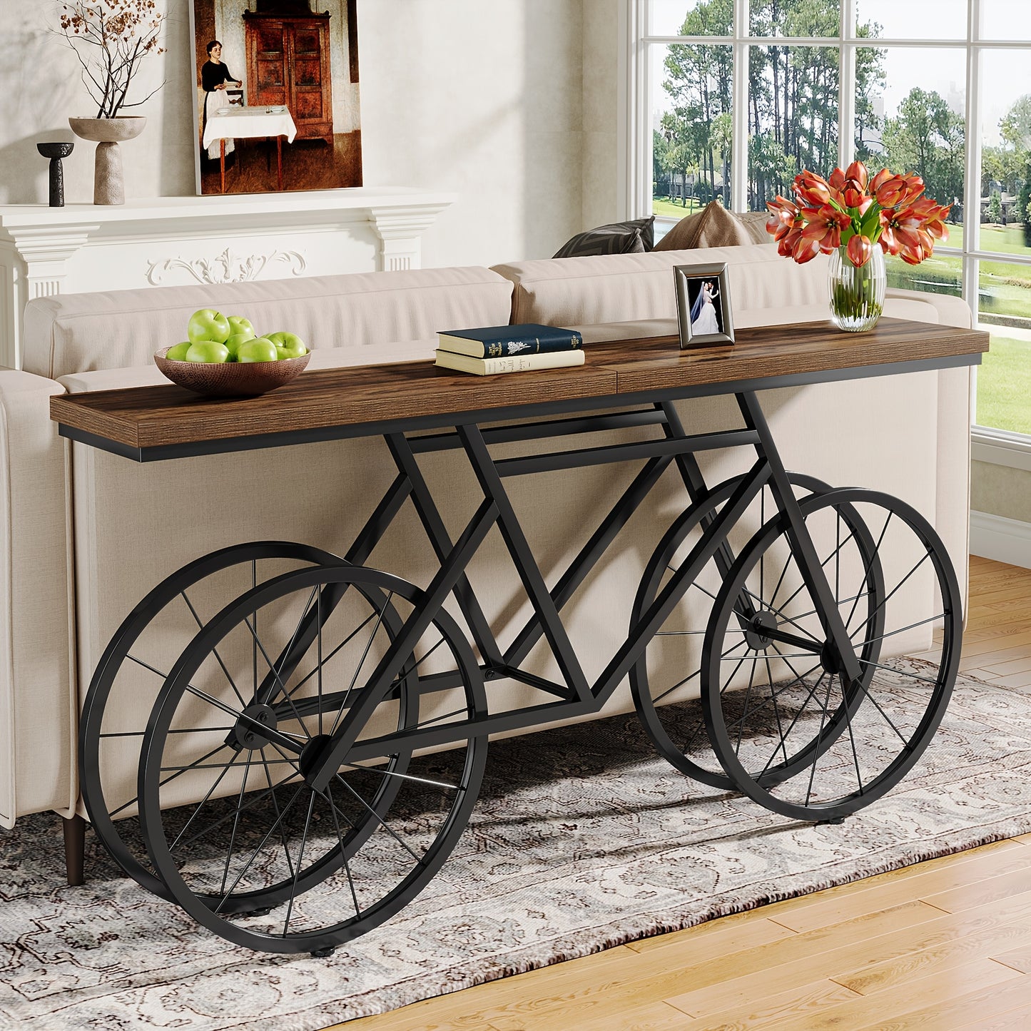 Farmhouse Extra Long Console Table with Bicycle Metal Base