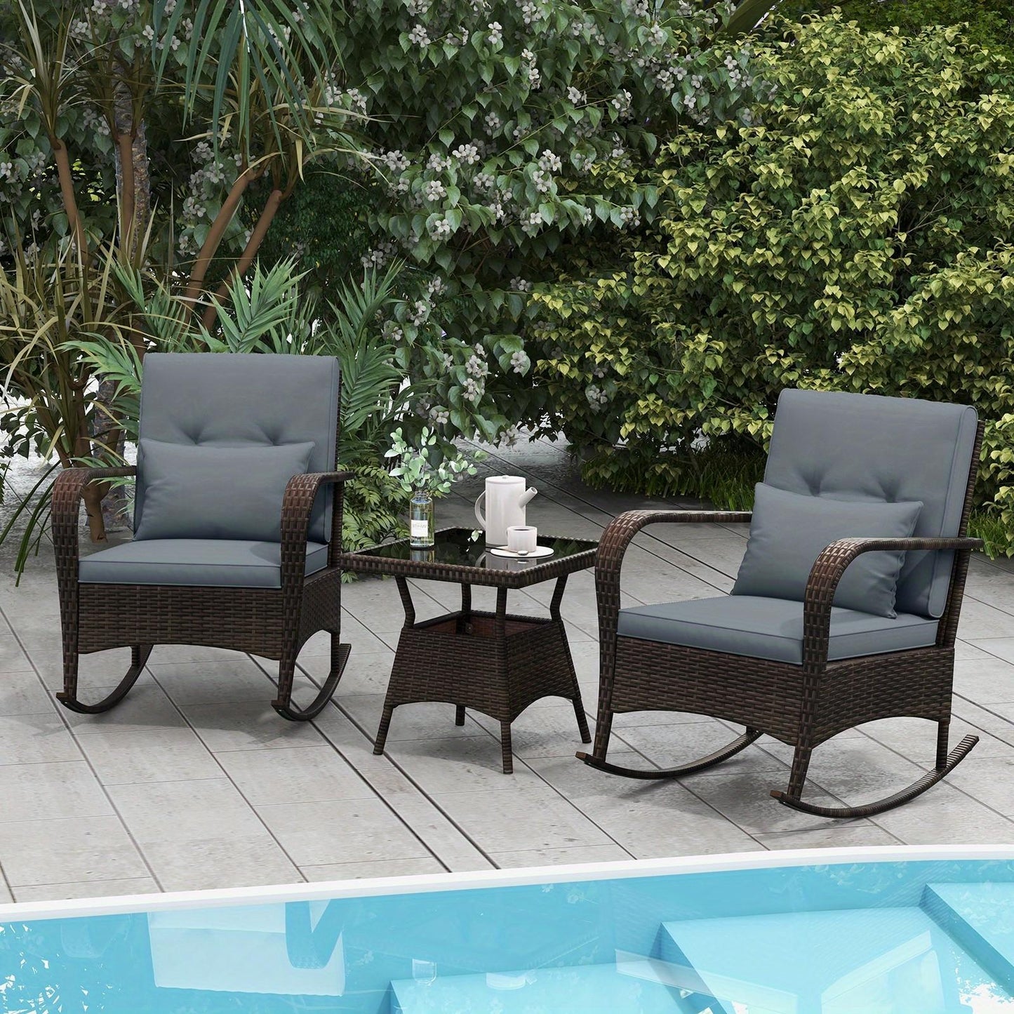 Lifezeal Outdoor Rocking Bistro Set with Cushions and Glass Table