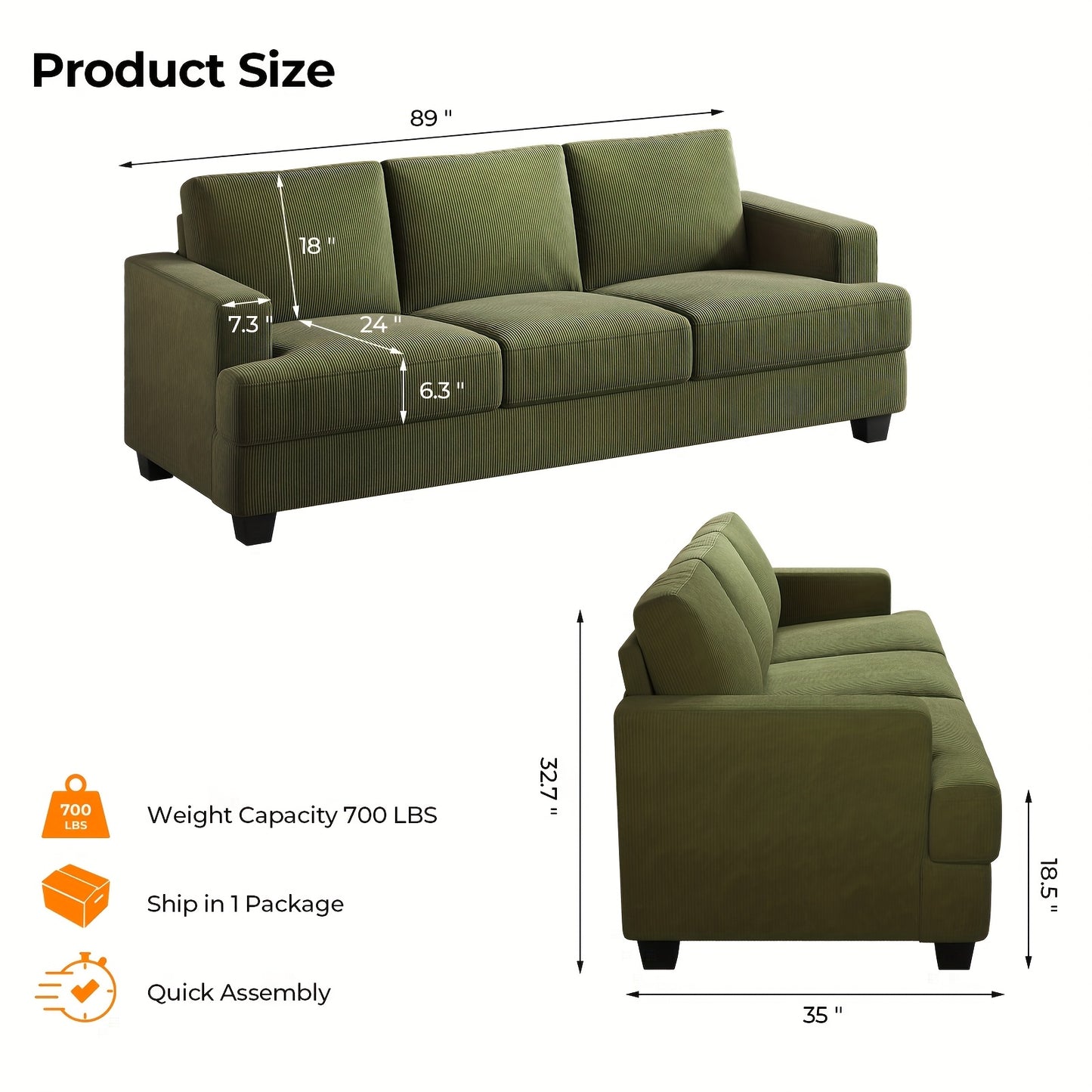 Comfy Modern 3-Seater Sofa with Removable Cover and Pillow Backrest