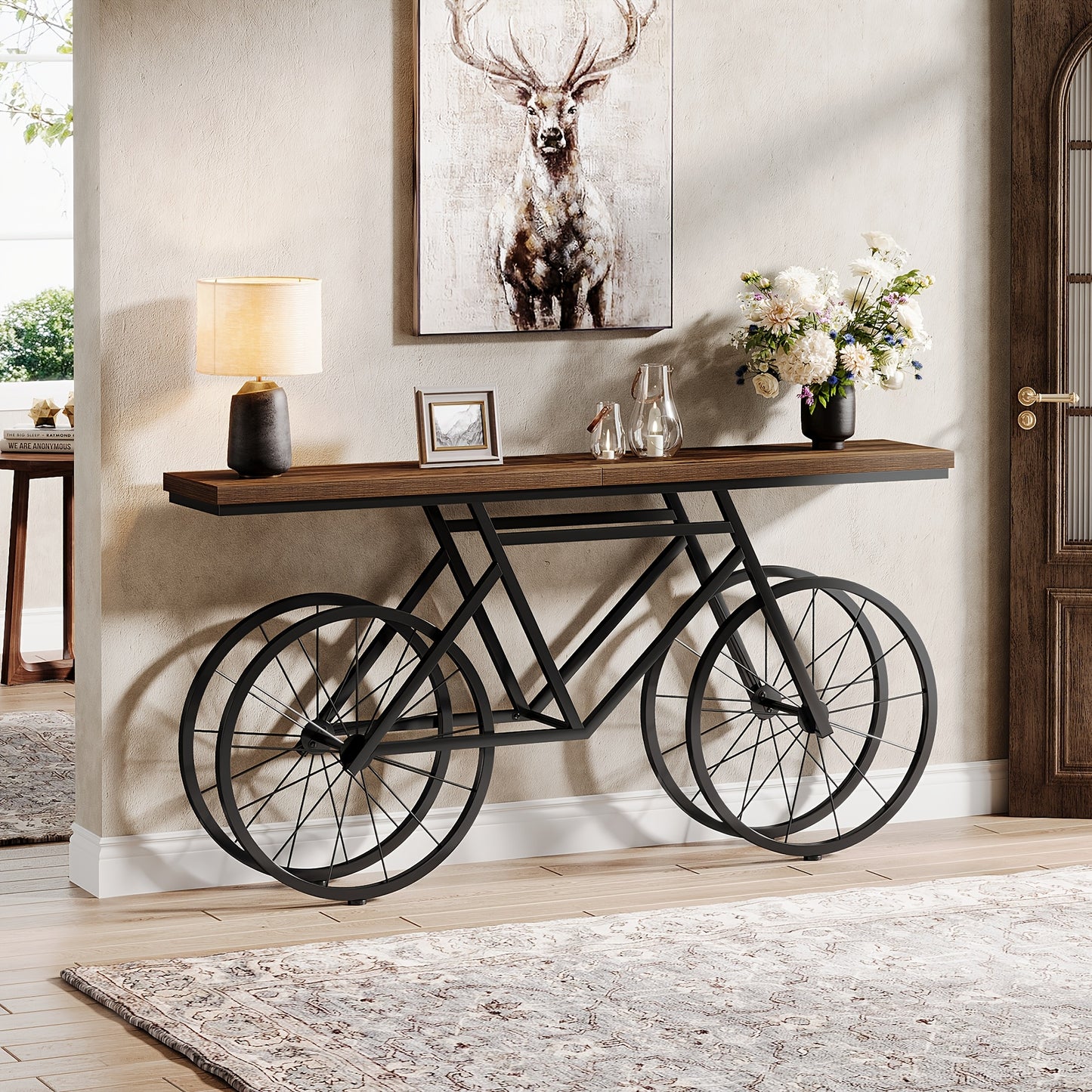 Farmhouse Extra Long Console Table with Bicycle Metal Base