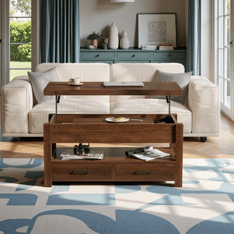 Convertible Lift Top Coffee Table with Hidden Storage and Drawers