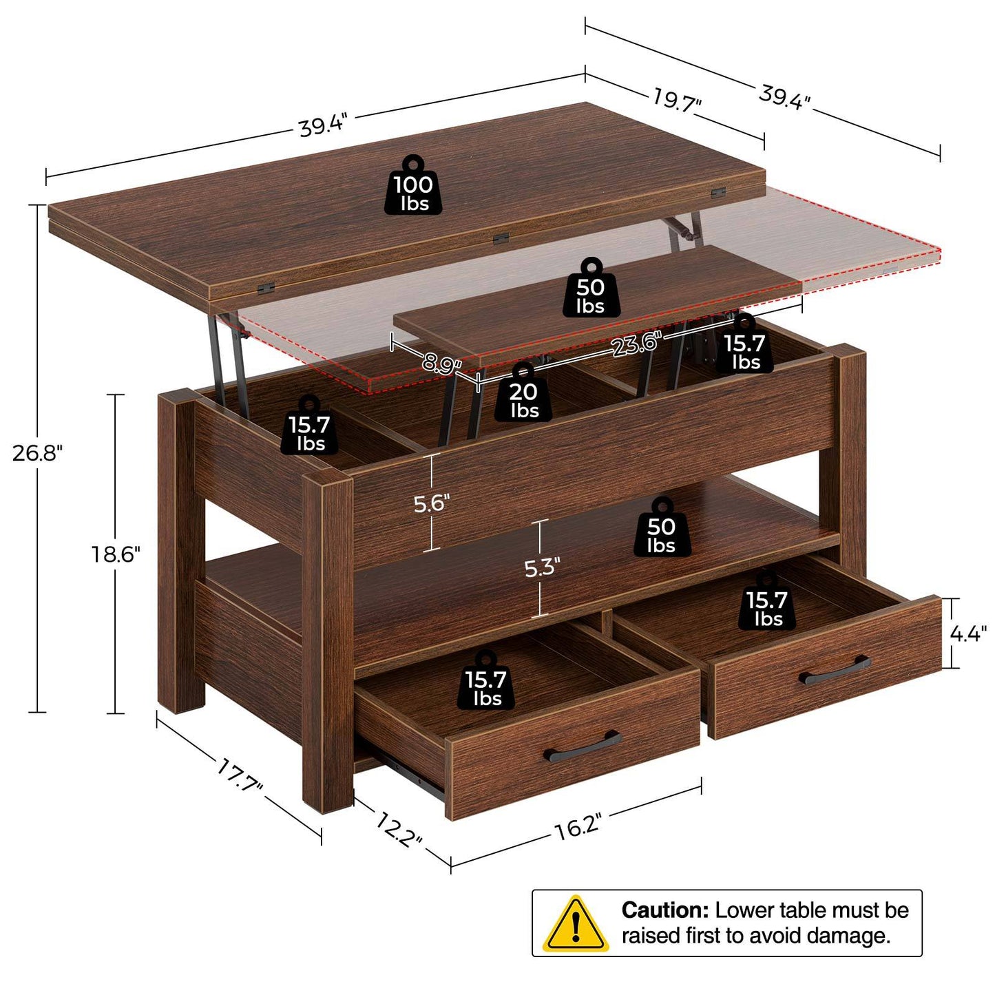 Convertible Lift Top Coffee Table with Hidden Storage and Drawers