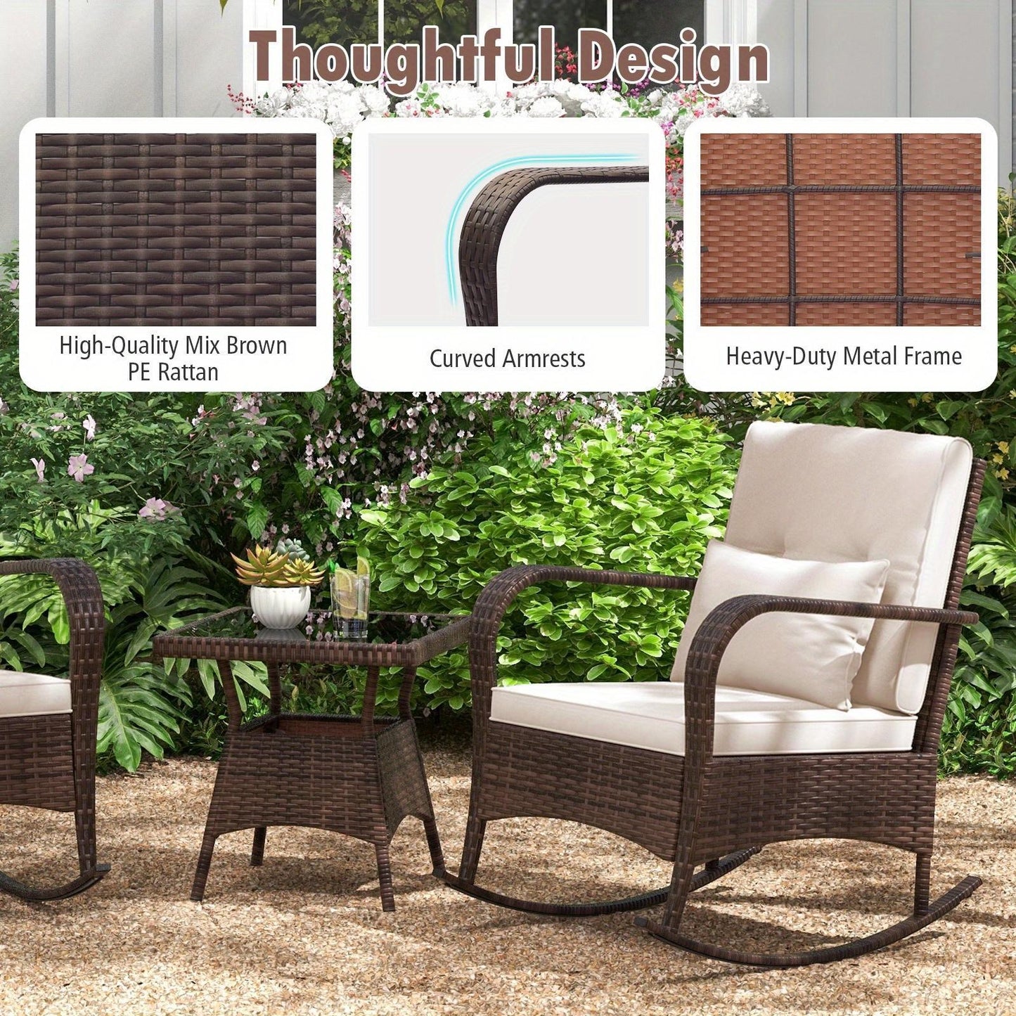 Lifezeal Outdoor Rocking Bistro Set with Cushions and Glass Table