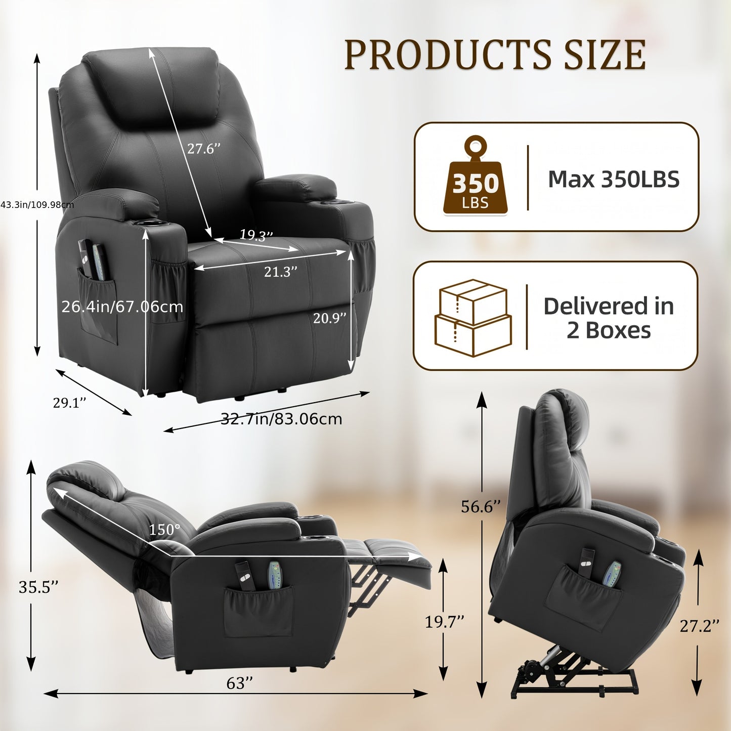 Black Power Lift Recliner Chair with Massage and Heat Function